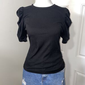 ORANGE KISS Short Puff Sleeve Black Top Blouse Size Medium